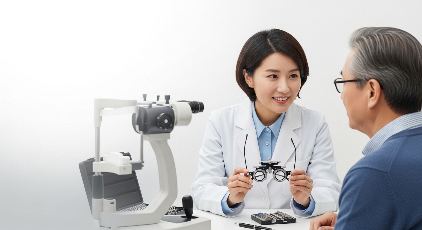 BGN밝은눈안과 잠실점에서 정밀 검안 장비를 통해 환자의 안구 상태를 꼼꼼하게 체크하는 검안사